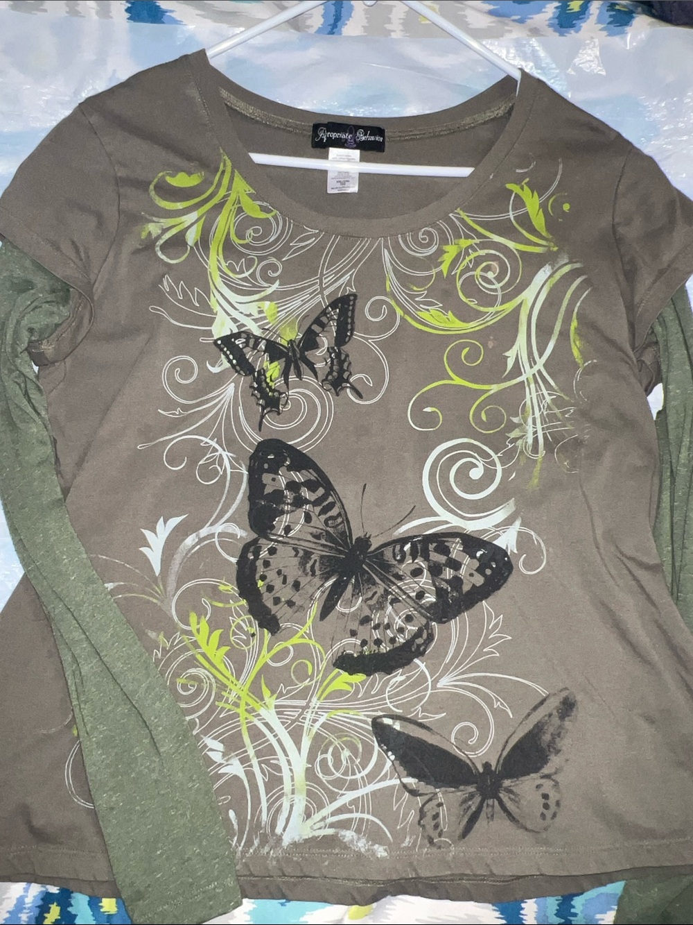 Appropriate Behavior Vintage Layered-Look Long Sleeve Butterfly Tee - Olive
